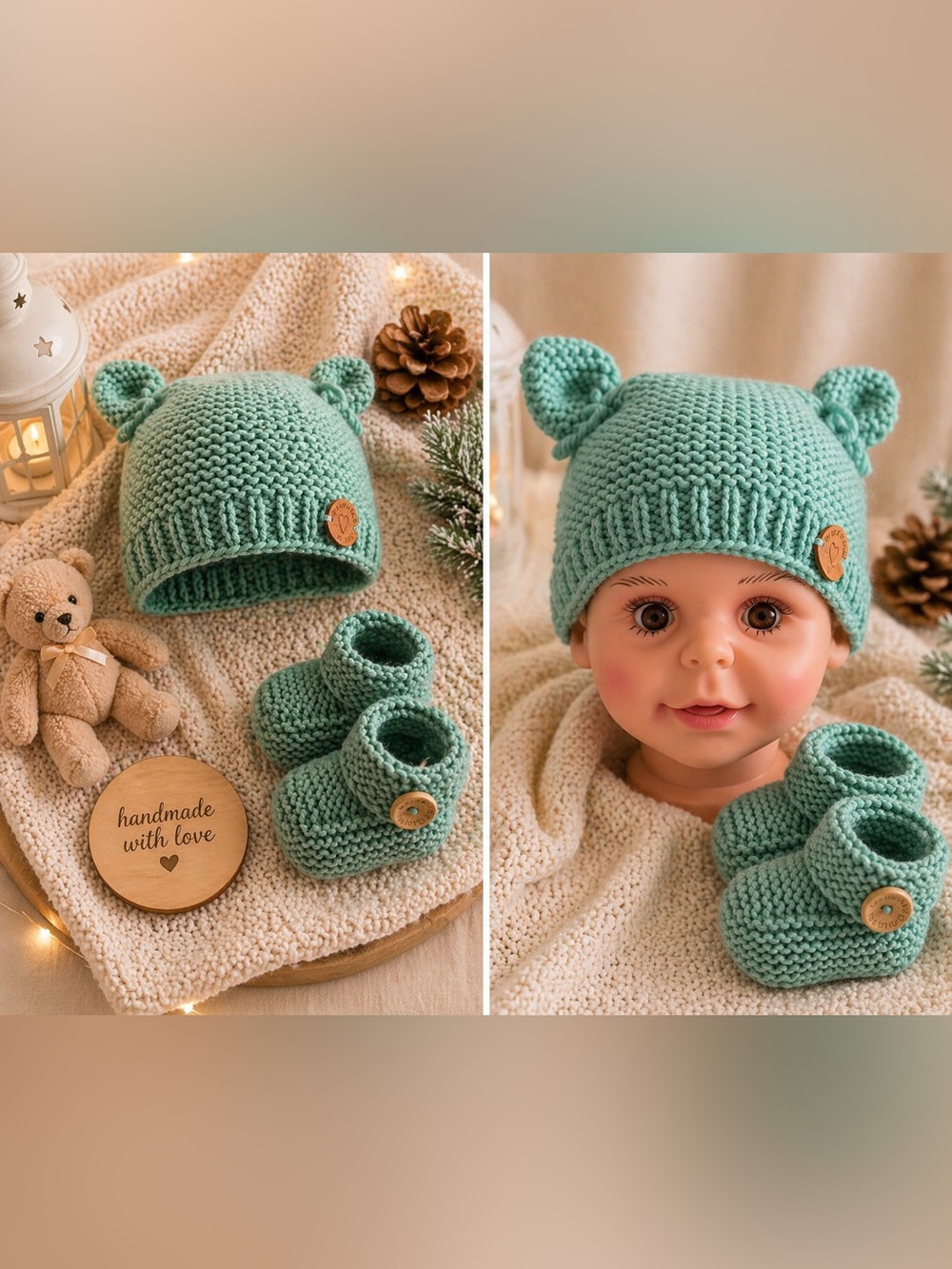 Mint Knit Baby Hat with Ear Details and booties
